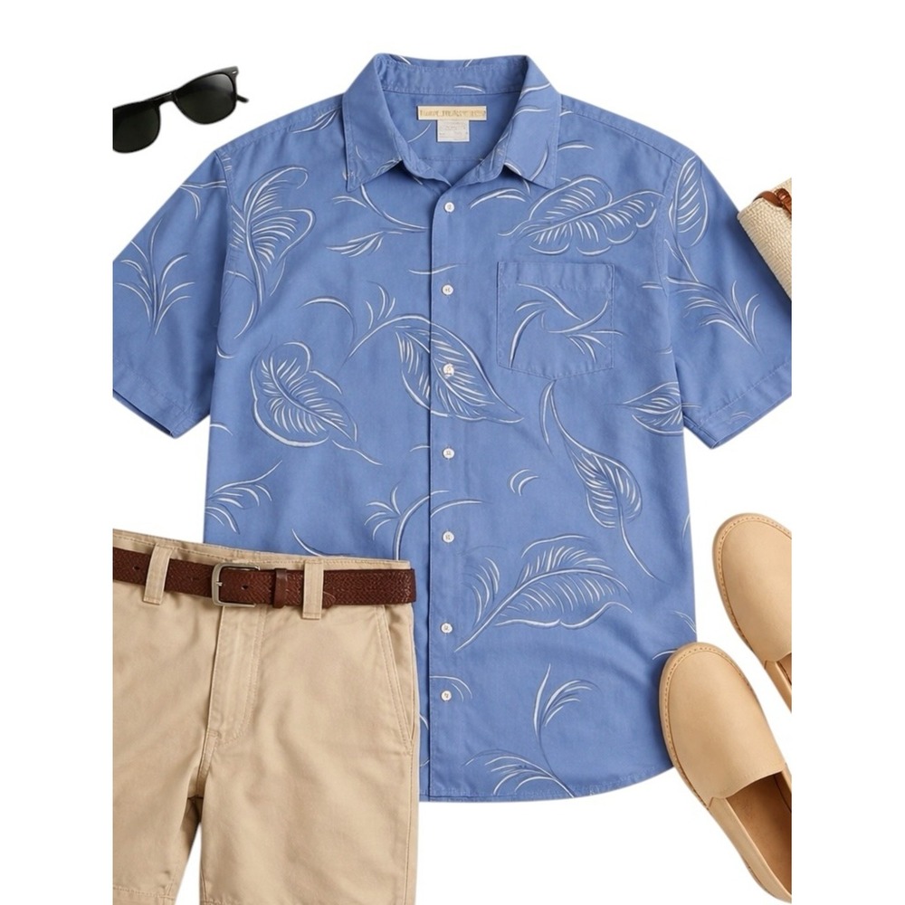 Banana Republic Blue Hawaiian Leaf Cotton Shirt Men's Medium Short Sleeve Resort